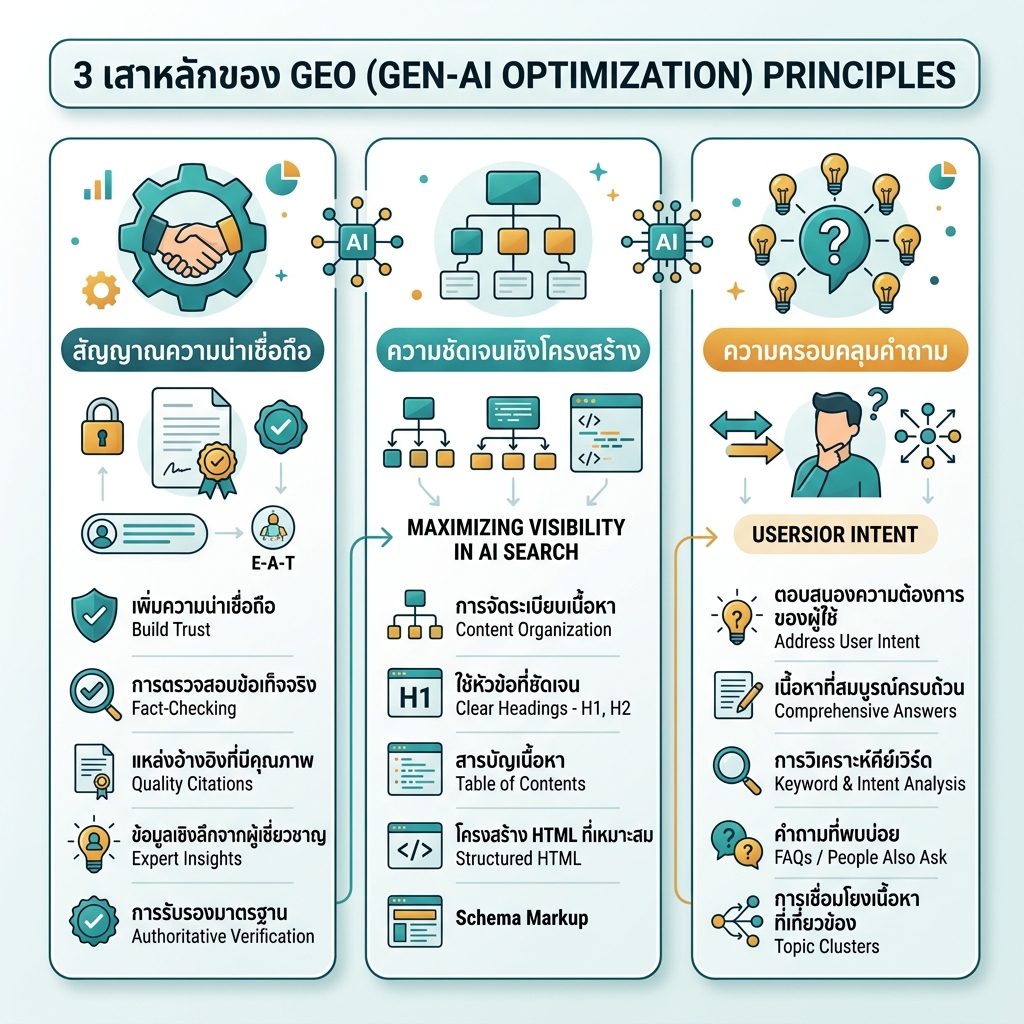แผนภาพไทม์ไลน์ GEO ที่แสดงสี่ช่วงจาก semantic SEO ไปสู่คำตอบที่พร้อมสำหรับเอเจนต์