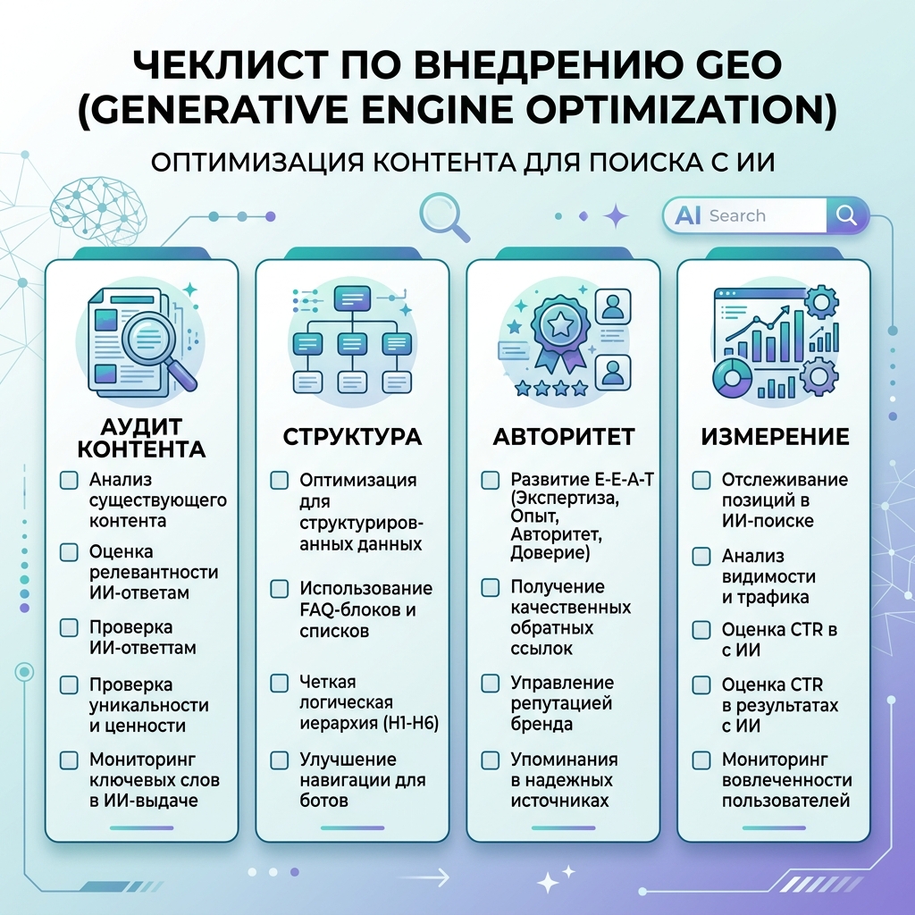 Матрица операционной системы GEO с картами ответов, графами источников, доказательствами сущностей, структурой страниц, AI crawl-доступом и циклами измерения
