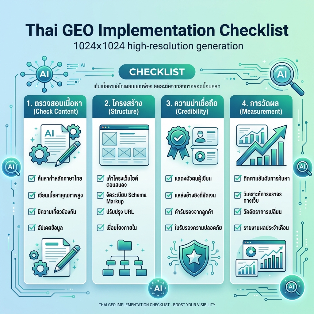 เมทริกซ์ระบบปฏิบัติการ GEO ที่แสดงแผนที่คำตอบ กราฟแหล่งข้อมูล หลักฐานเอนทิตี โครงสร้างหน้า การเข้าถึงเพื่อครอลของ AI และลูปการวัดผล