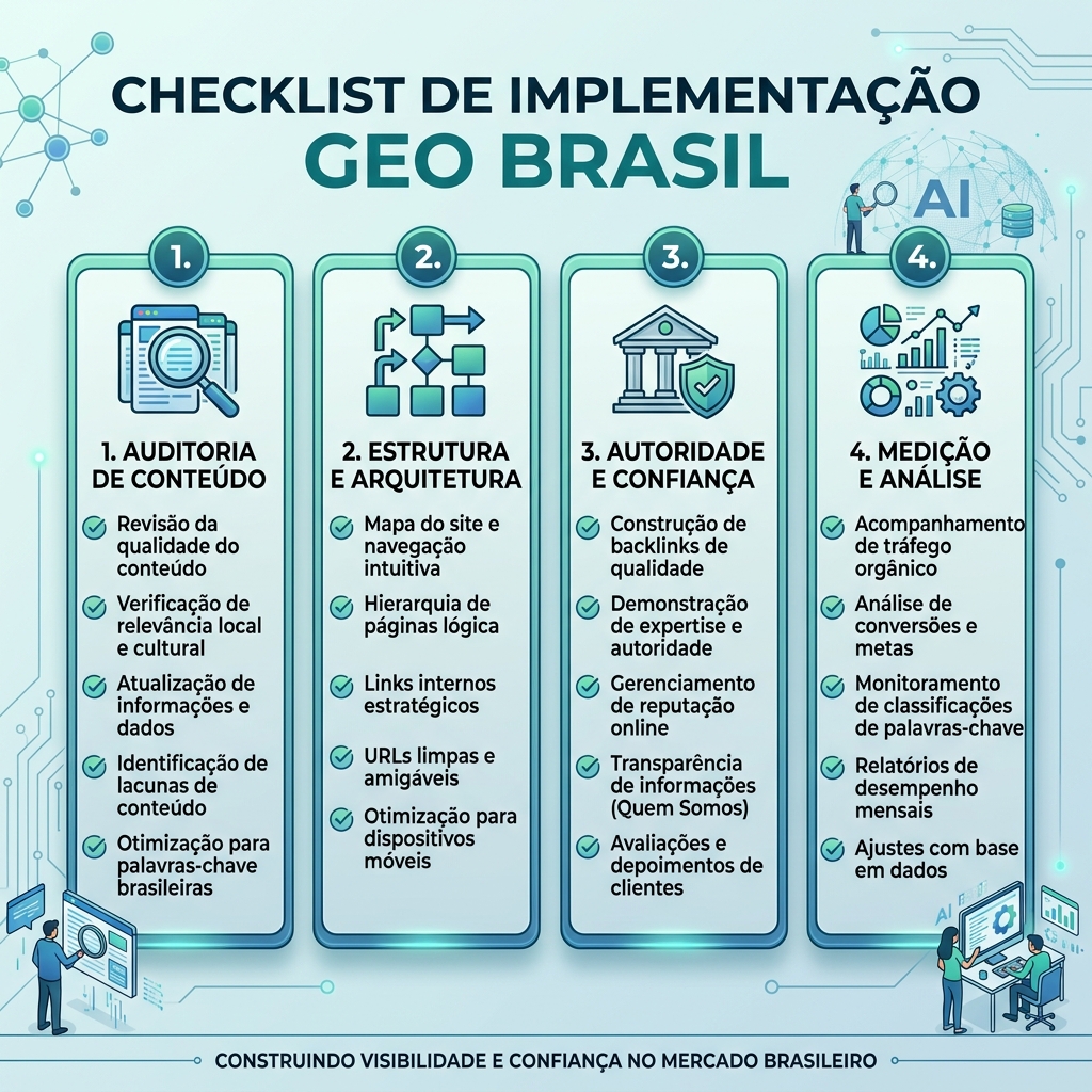 Matriz do sistema operacional GEO com mapas de respostas, grafos de fontes, prova de entidades, estrutura de página, acesso de rastreamento por IA e ciclos de medição