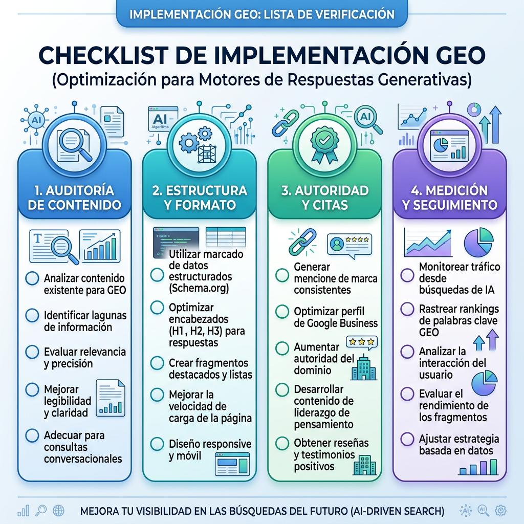 Matriz del sistema operativo GEO con mapas de respuestas, grafos de fuentes, prueba de entidades, estructura de página, acceso de rastreo IA y ciclos de medición