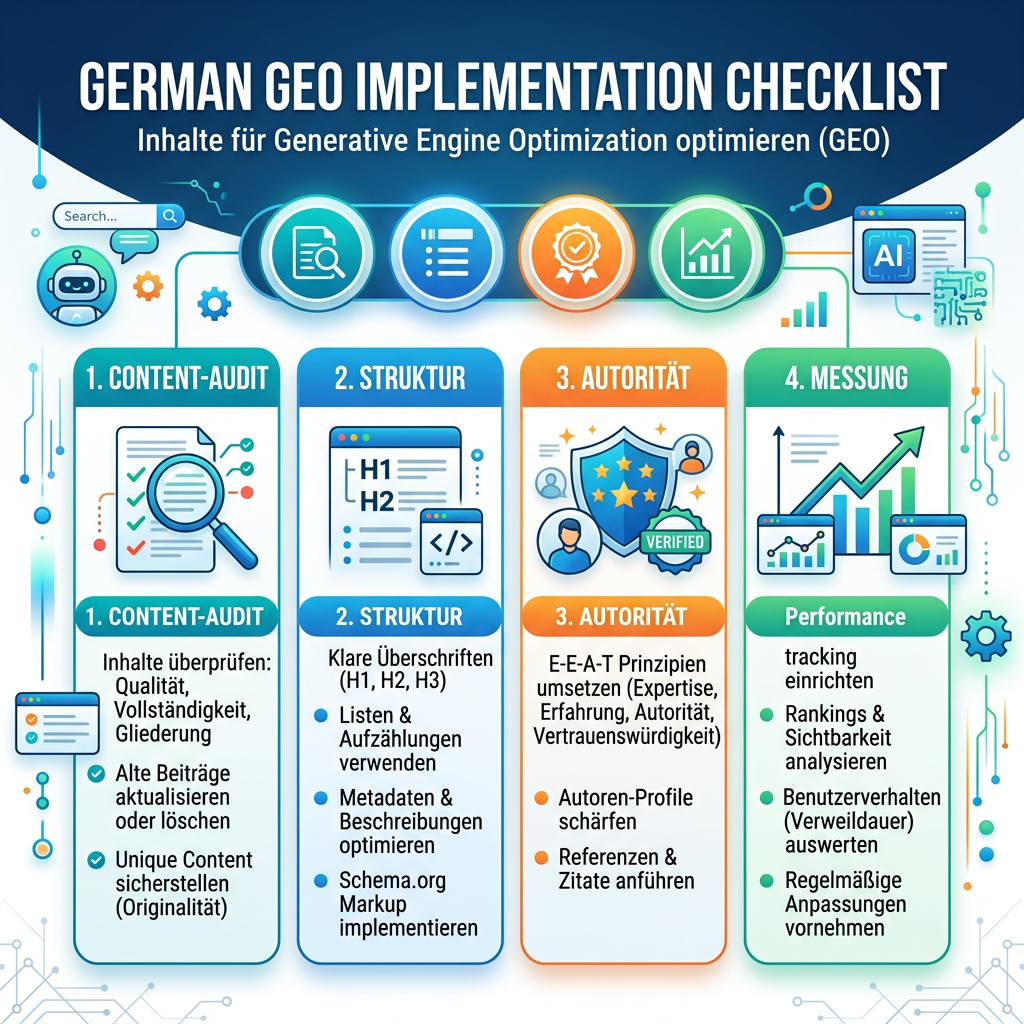 GEO-Betriebssystemmatrix mit Antwortkarten, Quellengraphen, Entitätsbelegen, Seitenstruktur, KI-Crawl-Zugriff und Messschleifen