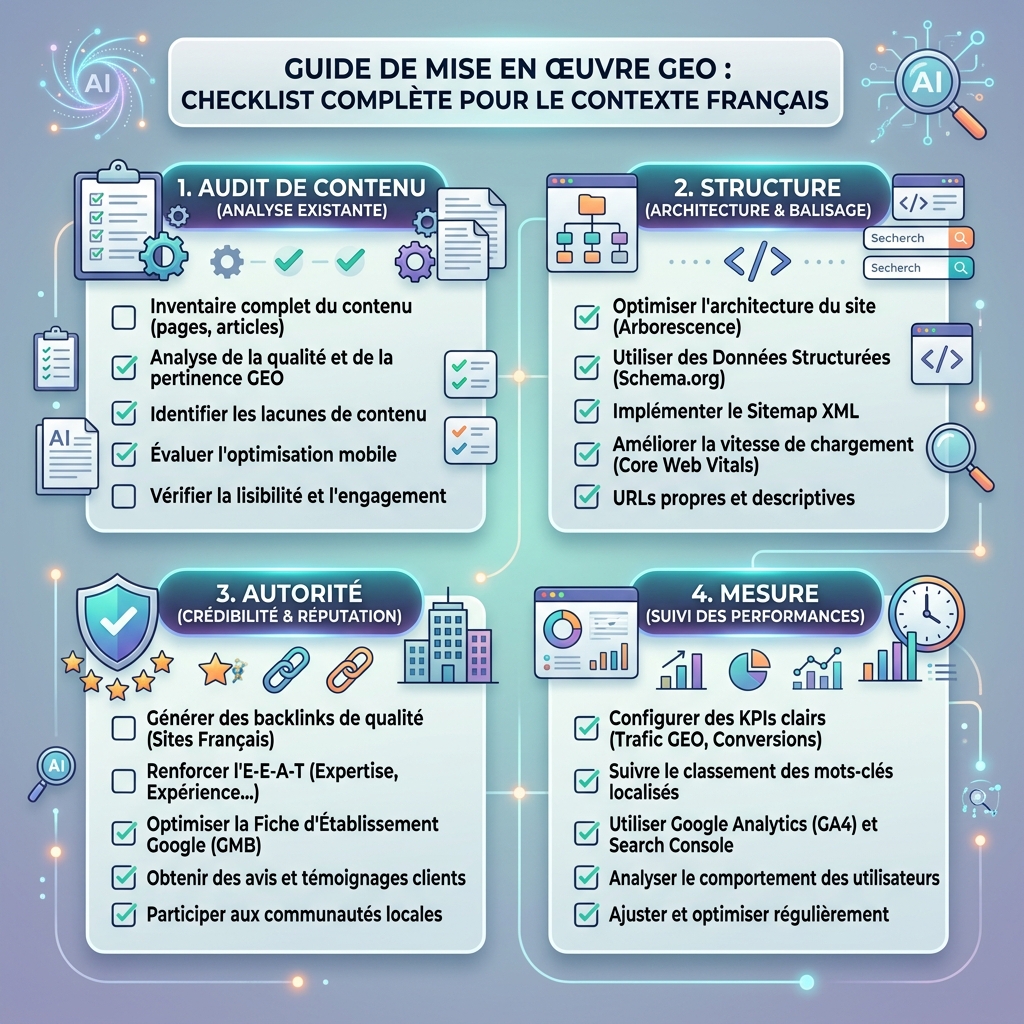 Matrice du système d’exploitation GEO avec cartes de réponses, graphes de sources, preuves d’entités, structure de page, accès au crawl IA et boucles de mesure