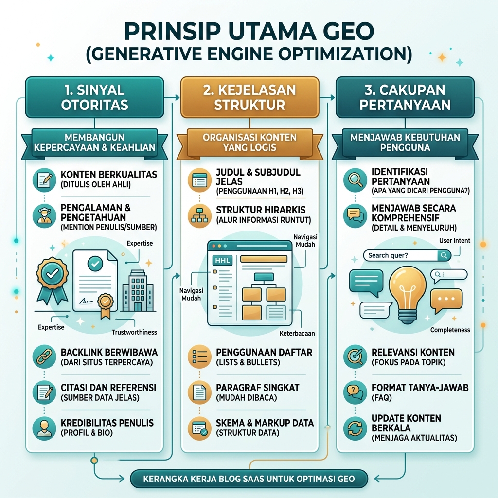 Diagram linimasa GEO yang menunjukkan empat fase dari SEO semantik ke jawaban siap agen