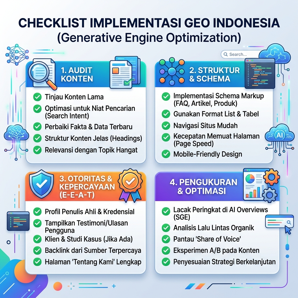 Matriks sistem operasi GEO dengan peta jawaban, graph sumber, bukti entitas, struktur halaman, akses crawl AI, dan loop pengukuran