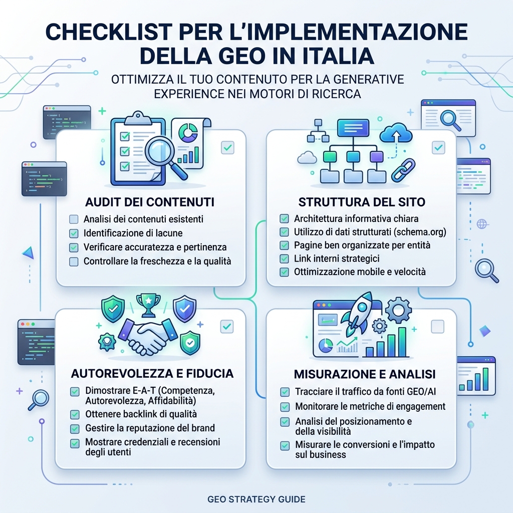 Matrice del sistema operativo GEO con mappe di risposta, grafi delle fonti, prova delle entità, struttura della pagina, accesso al crawl AI e cicli di misurazione