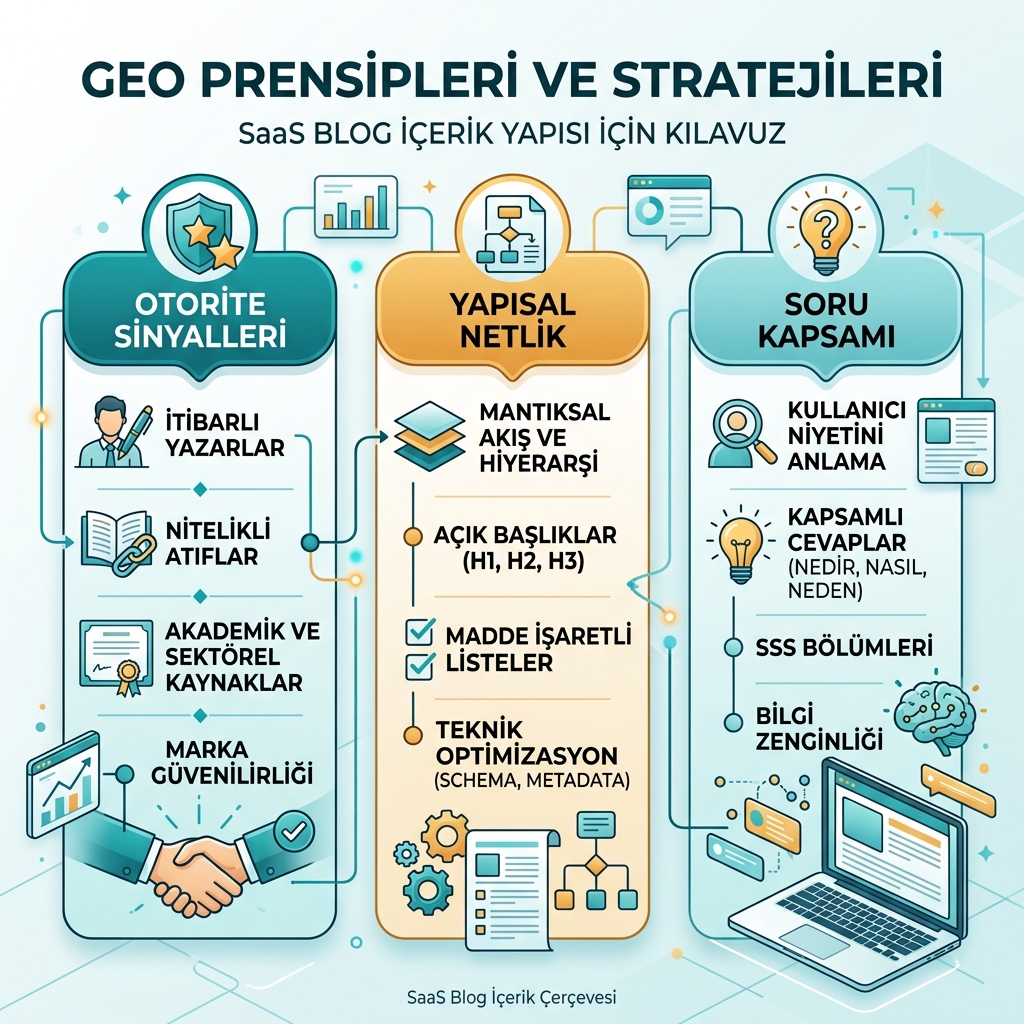 Semantik SEO'dan ajanlara hazır yanıtlara uzanan dört GEO aşamasını gösteren zaman çizelgesi diyagramı