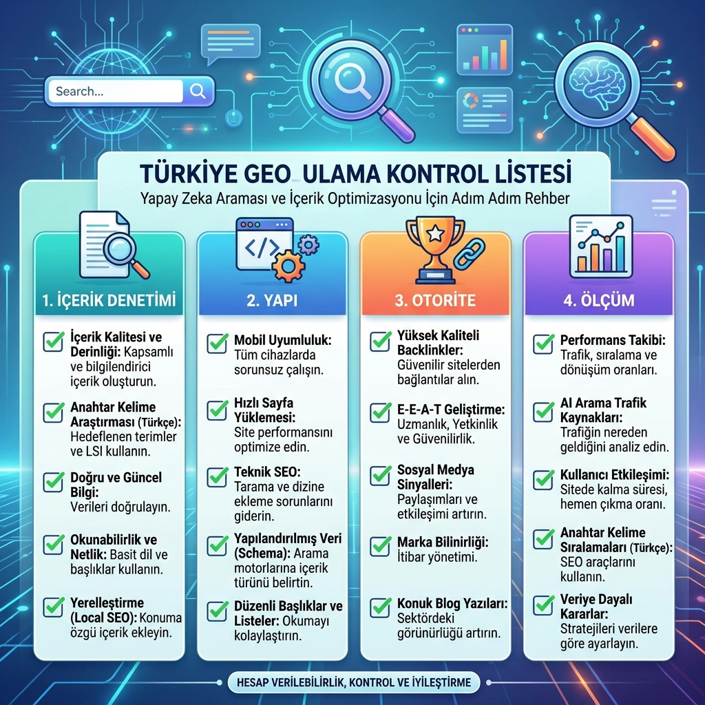 Yanıt haritaları, kaynak grafikleri, varlık kanıtı, sayfa yapısı, AI crawl erişimi ve ölçüm döngülerini gösteren GEO işletim sistemi matrisi