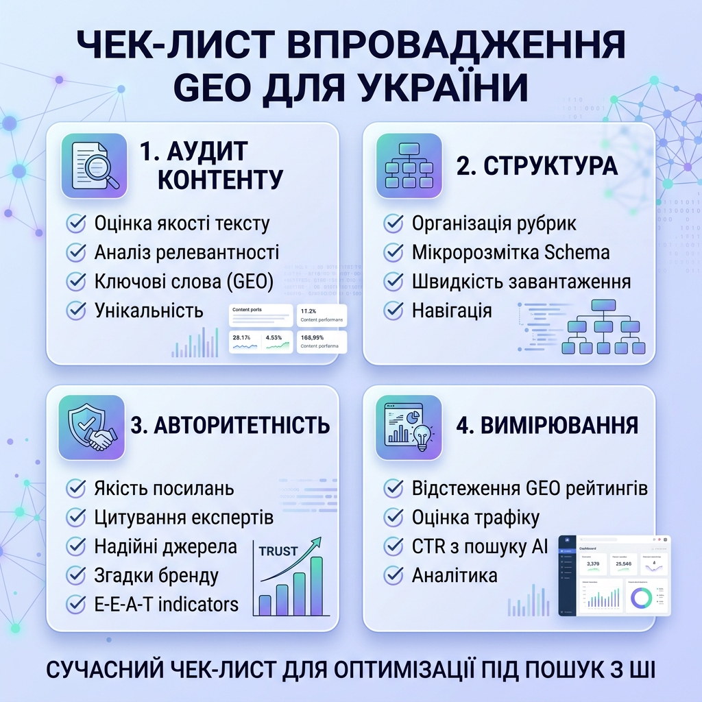 Матриця операционной системы GEO с картами відповідей, графами джерел, доказами сутностей, структурою сторінок, AI crawl-доступом и циклами вимірювання