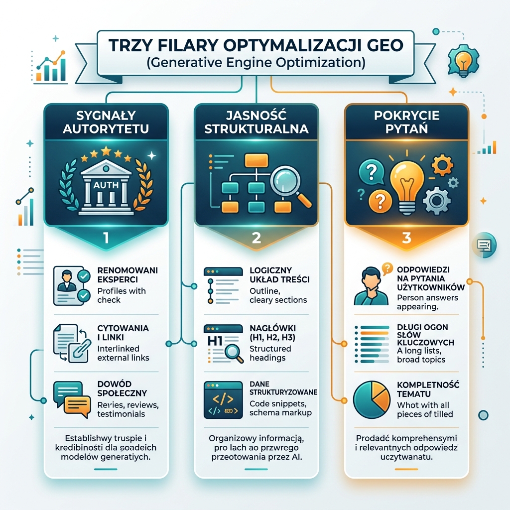 Diagram osi czasu GEO pokazujący cztery fazy od semantycznego SEO do odpowiedzi gotowych dla agentów