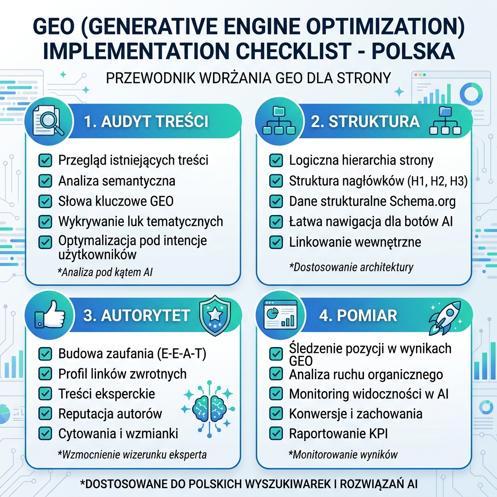 Macierz systemu operacyjnego GEO pokazująca mapy odpowiedzi, grafy źródeł, dowody encji, strukturę strony, dostęp crawl AI i pętle pomiarowe