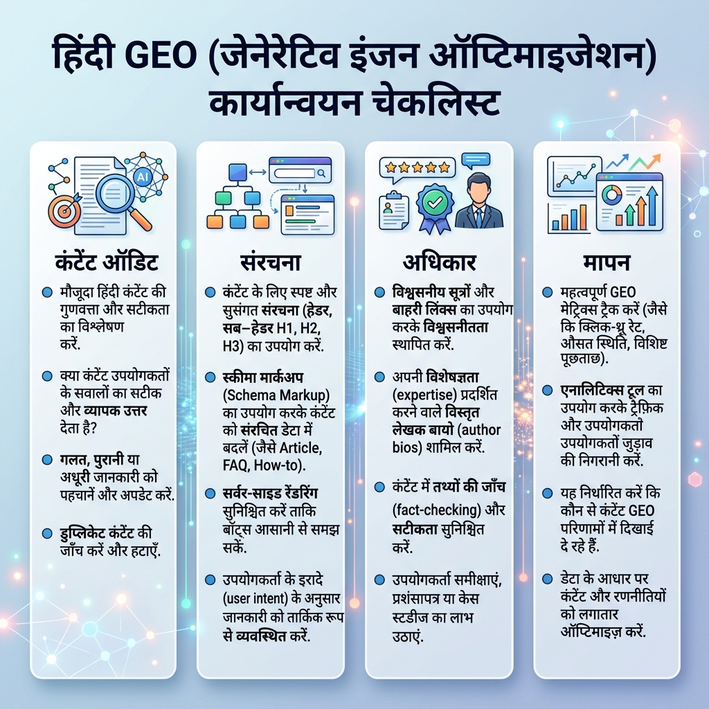 GEO संचालन प्रणाली matrix जिसमें उत्तर maps, स्रोत ग्राफs, entity proof, पेज structure, AI क्रॉल पहुंच और मापन चक्रs दिखाए गए हैं