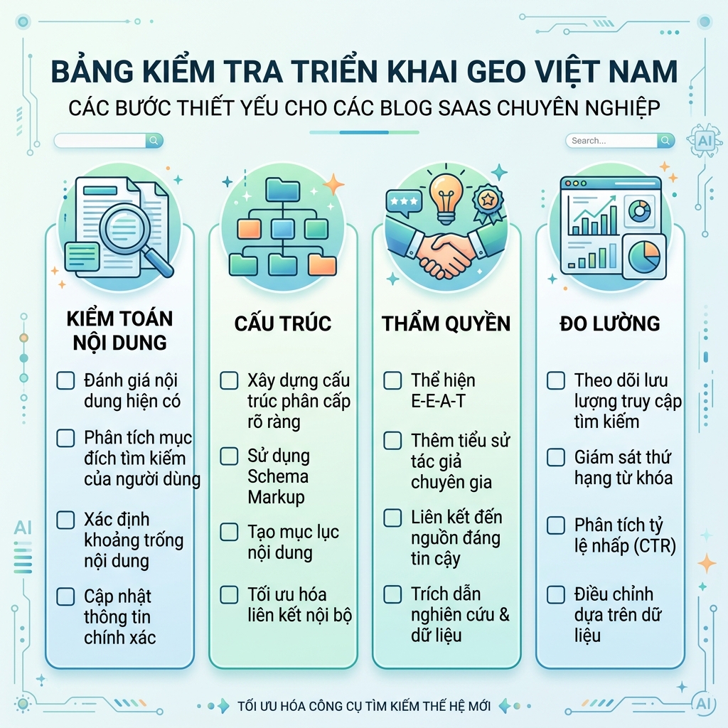 Ma trận hệ điều hành GEO gồm bản đồ câu trả lời, đồ thị nguồn, bằng chứng thực thể, cấu trúc trang, truy cập crawl AI và vòng đo lường
