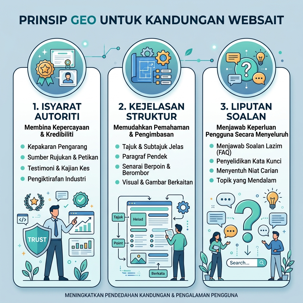 Diagram garis masa GEO menunjukkan empat fasa daripada SEO semantik kepada jawapan sedia ejen