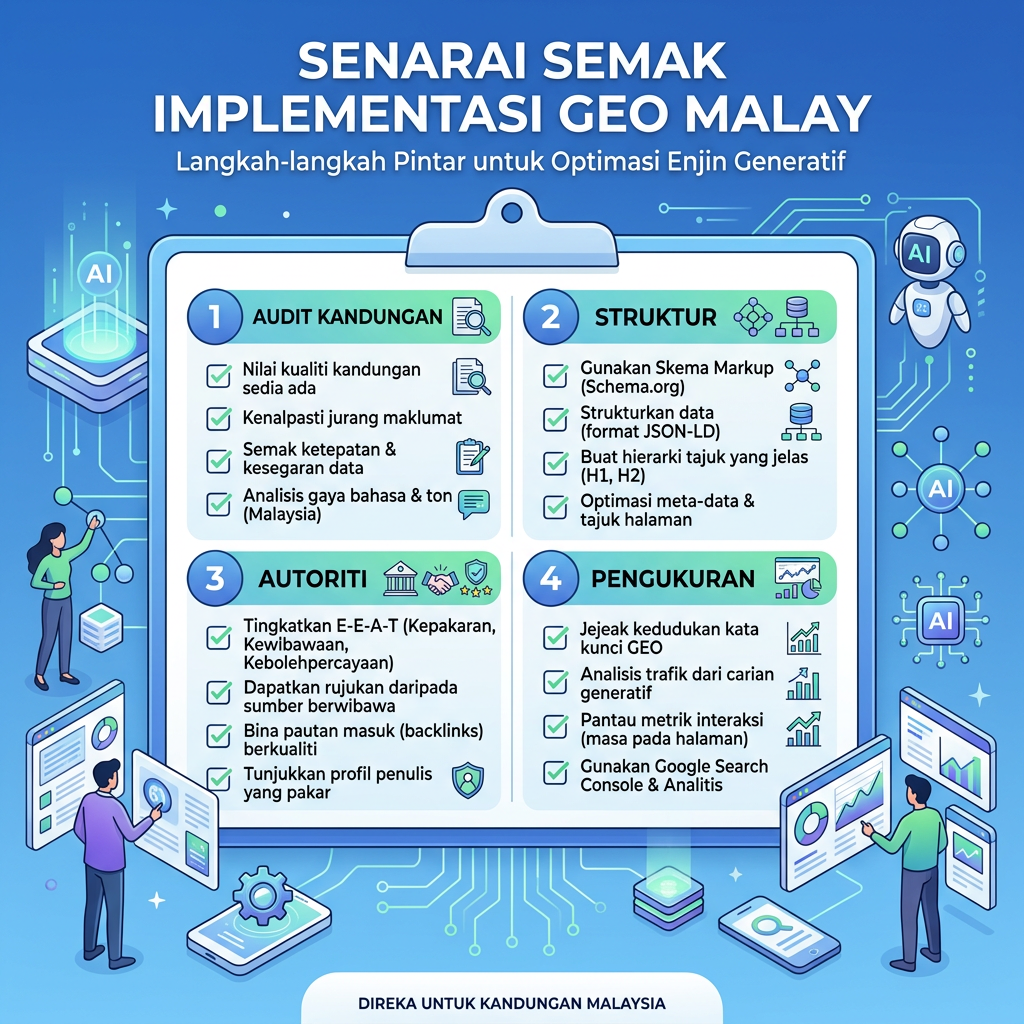 Matriks sistem operasi GEO gồm peta jawapan, graf sumber, bukti entiti, struktur halaman, akses crawl AI và gelung pengukuran
