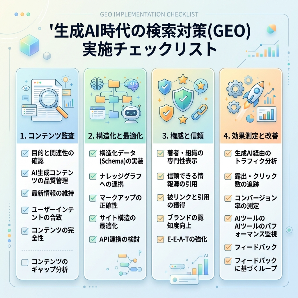 エンティティ明確性、情報源品質、証拠、一貫性、取得アクセス性を示すGEO準備モデル