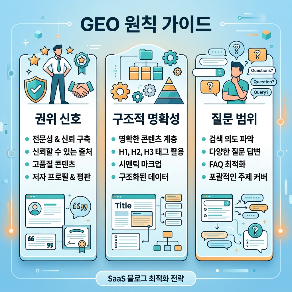 브랜드 지식, 신뢰할 수 있는 출처, AI 답변을 연결하는 가시성 계층으로 GEO를 설명하는 이미지