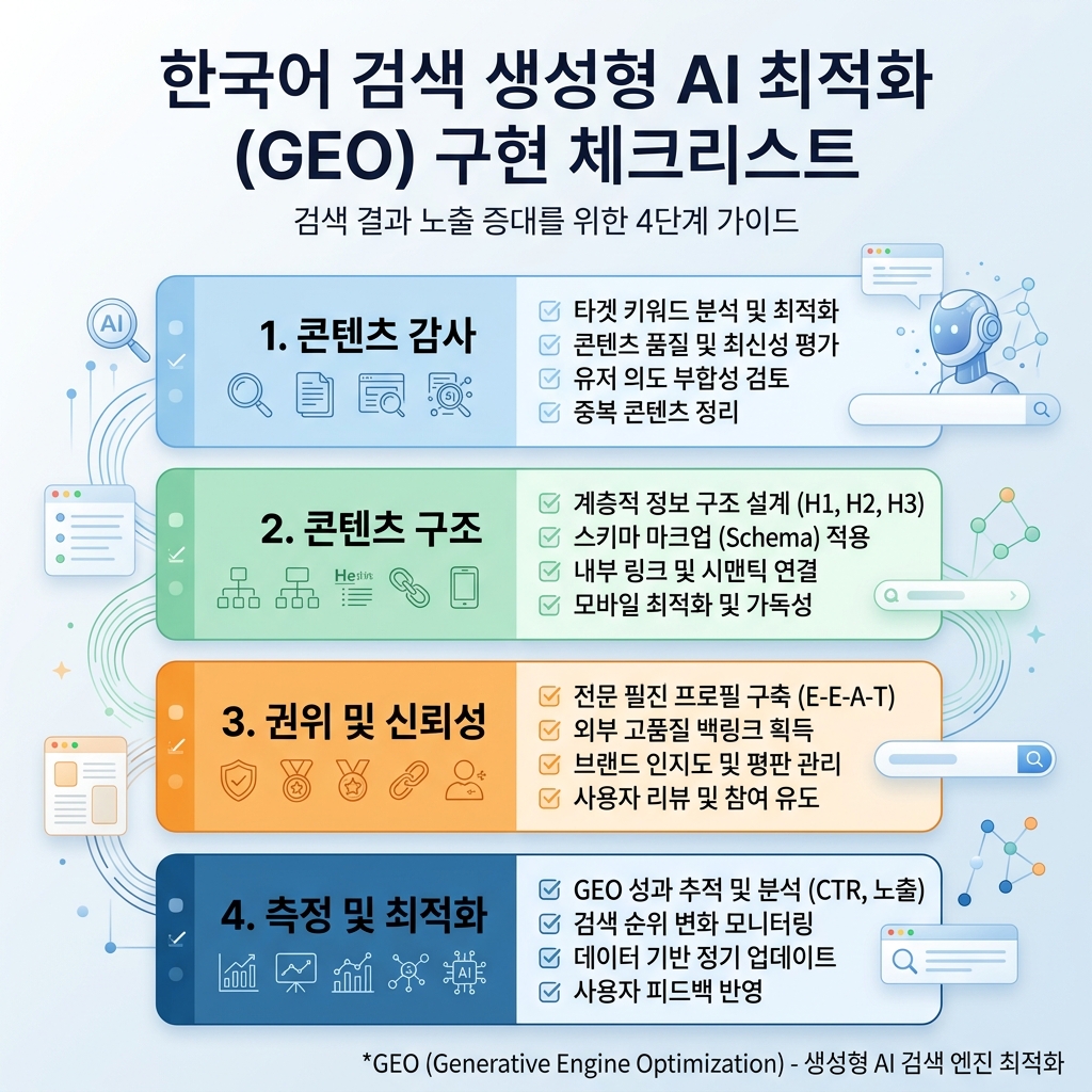 엔티티 명확성, 출처 품질, 증거, 일관성, 검색 회수 접근성을 보여주는 GEO 준비 모델