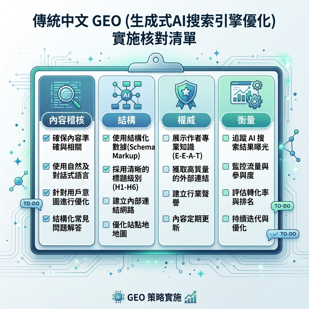 GEO 就緒模型，展示實體清晰度、來源品質、證據、一致性和檢索可存取性
