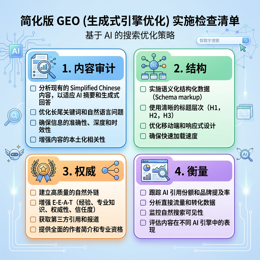 GEO 就绪模型，展示实体清晰度、来源质量、证据、一致性和检索可访问性