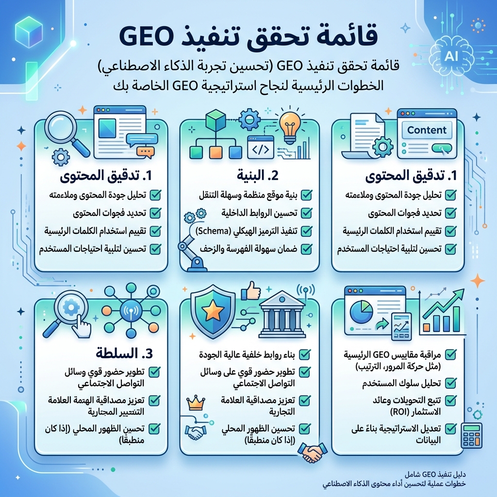 نموذج جاهزية GEO يوضح وضوح الكيان وجودة المصدر والدليل والاتساق وقابلية الاسترجاع