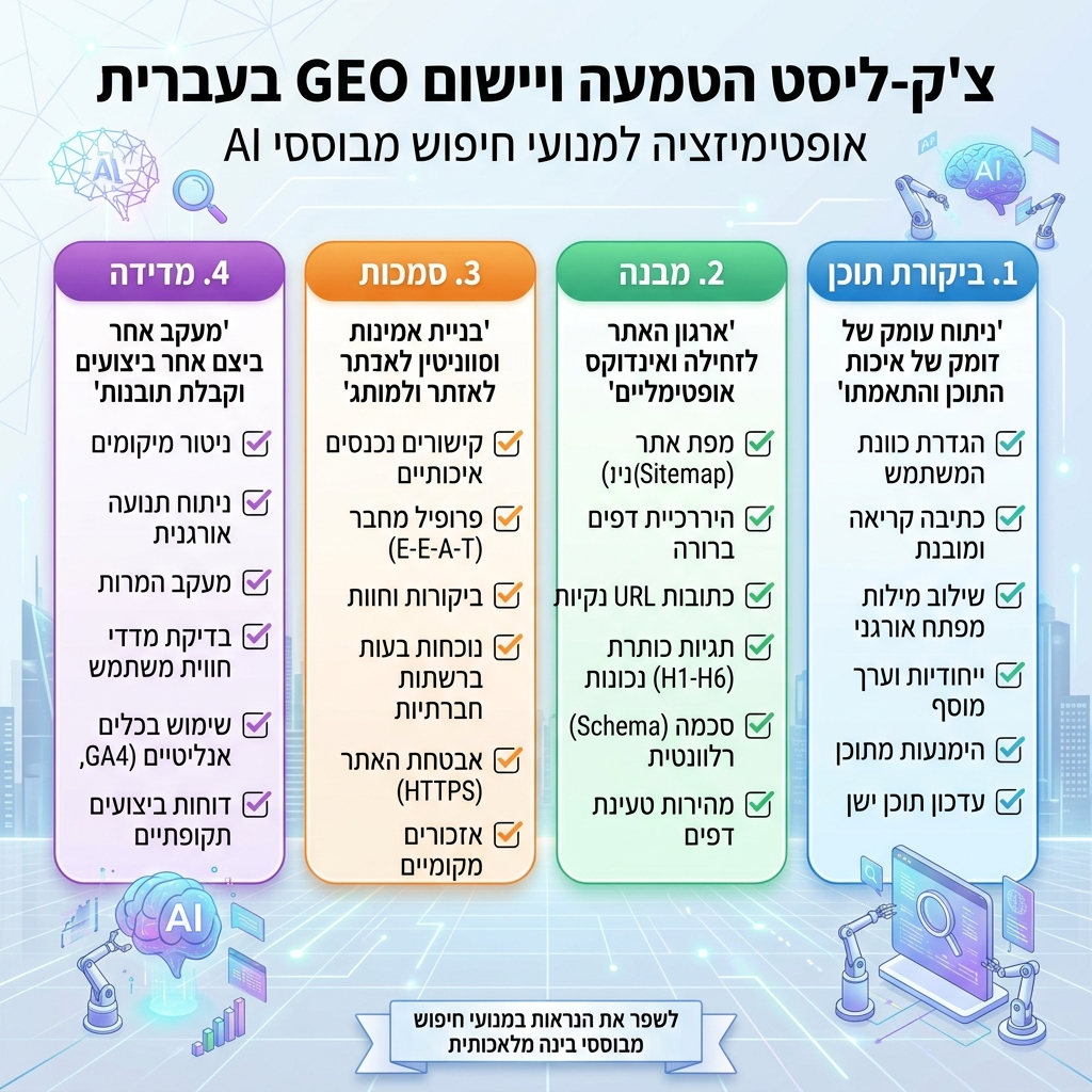 מודל מוכנות GEO המציג בהירות ישות, איכות מקור, הוכחה, עקביות ונגישות אחזור