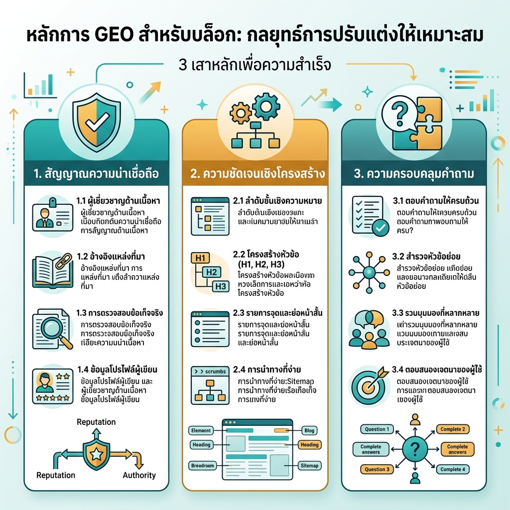 GEO เป็นชั้นการมองเห็นที่เชื่อมความรู้แบรนด์ แหล่งที่เชื่อถือ และคำตอบ AI
