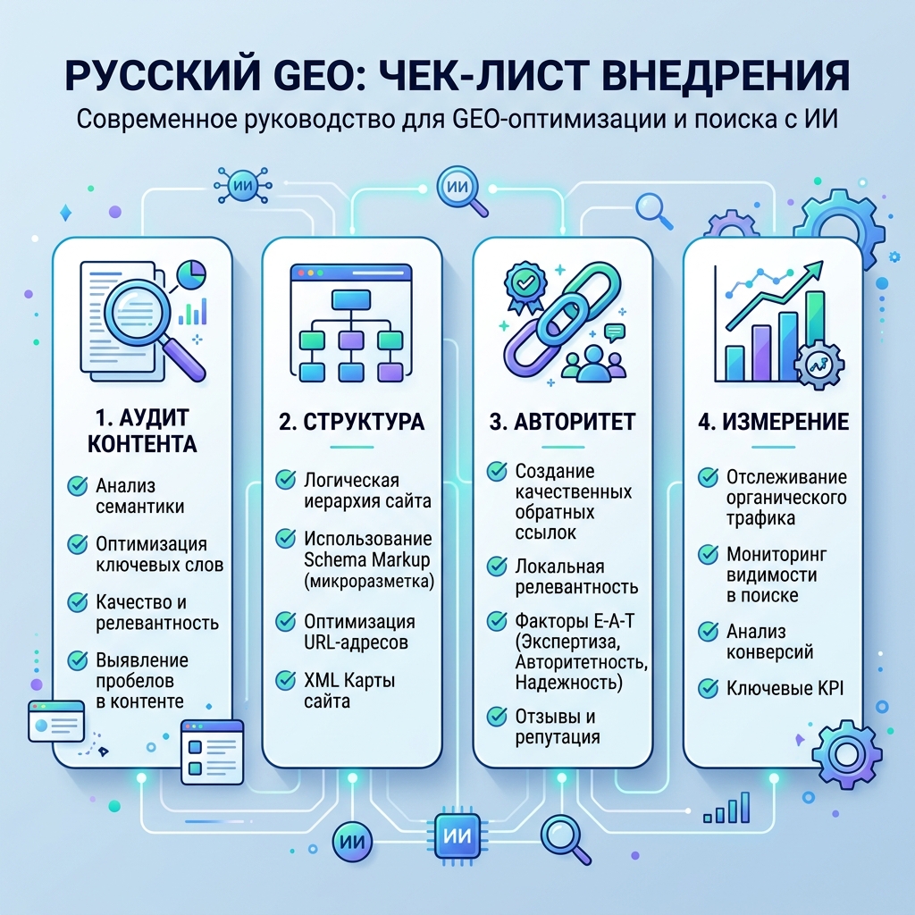 Модель готовности GEO: ясность сущности, качество источника, доказательства, согласованность и доступность извлечения