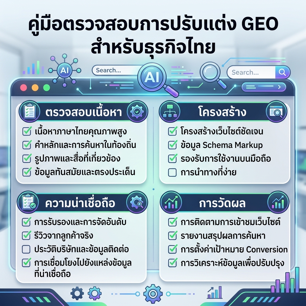 โมเดลความพร้อม GEO แสดงเอนทิตี คุณภาพแหล่งข้อมูล หลักฐาน ความสอดคล้อง และการเข้าถึง