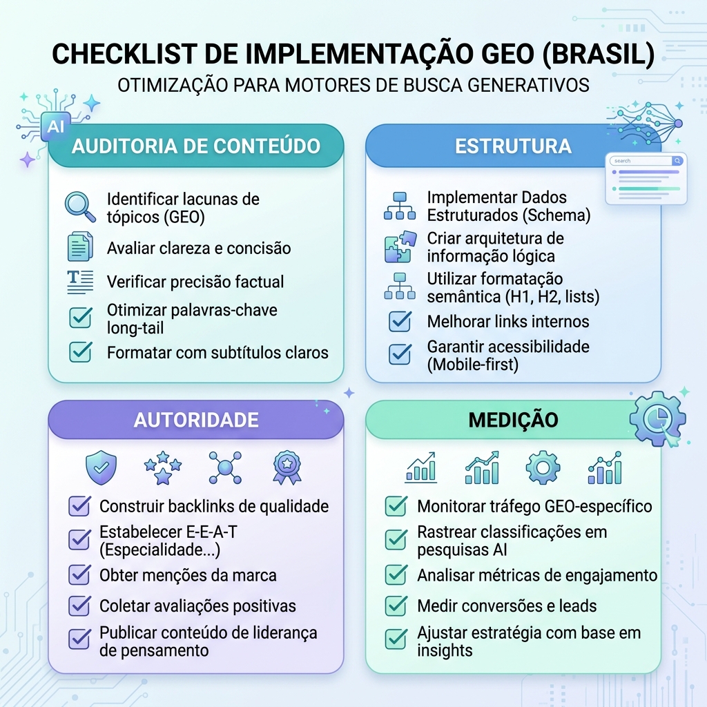 Modelo de prontidão GEO mostrando clareza de entidade, qualidade da fonte, evidência, consistência e acessibilidade de recuperação