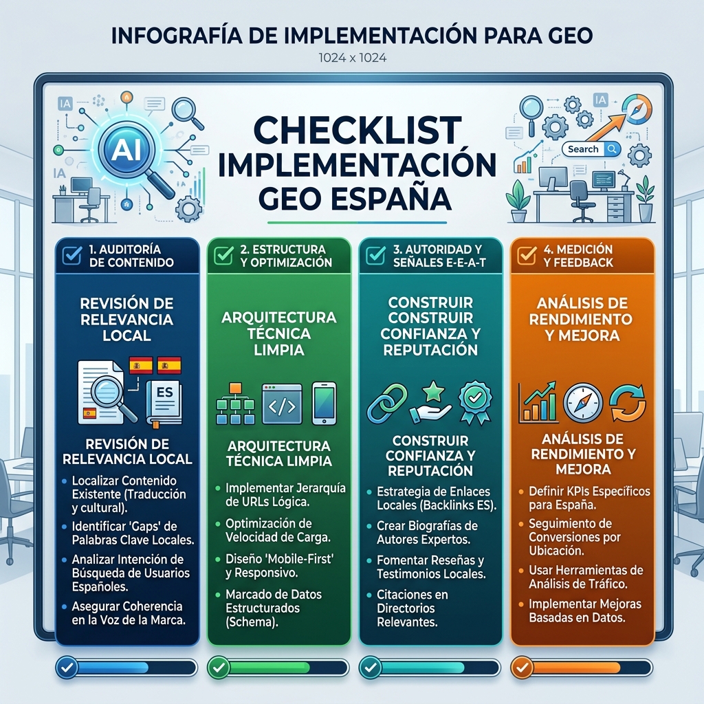 Modelo de preparación GEO que muestra claridad de entidad, calidad de fuente, evidencia, consistencia y accesibilidad de recuperación