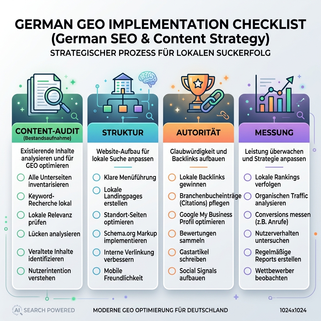GEO-Readiness-Modell mit Entitätsklarheit, Quellenqualität, Evidenz, Konsistenz und Abrufzugänglichkeit
