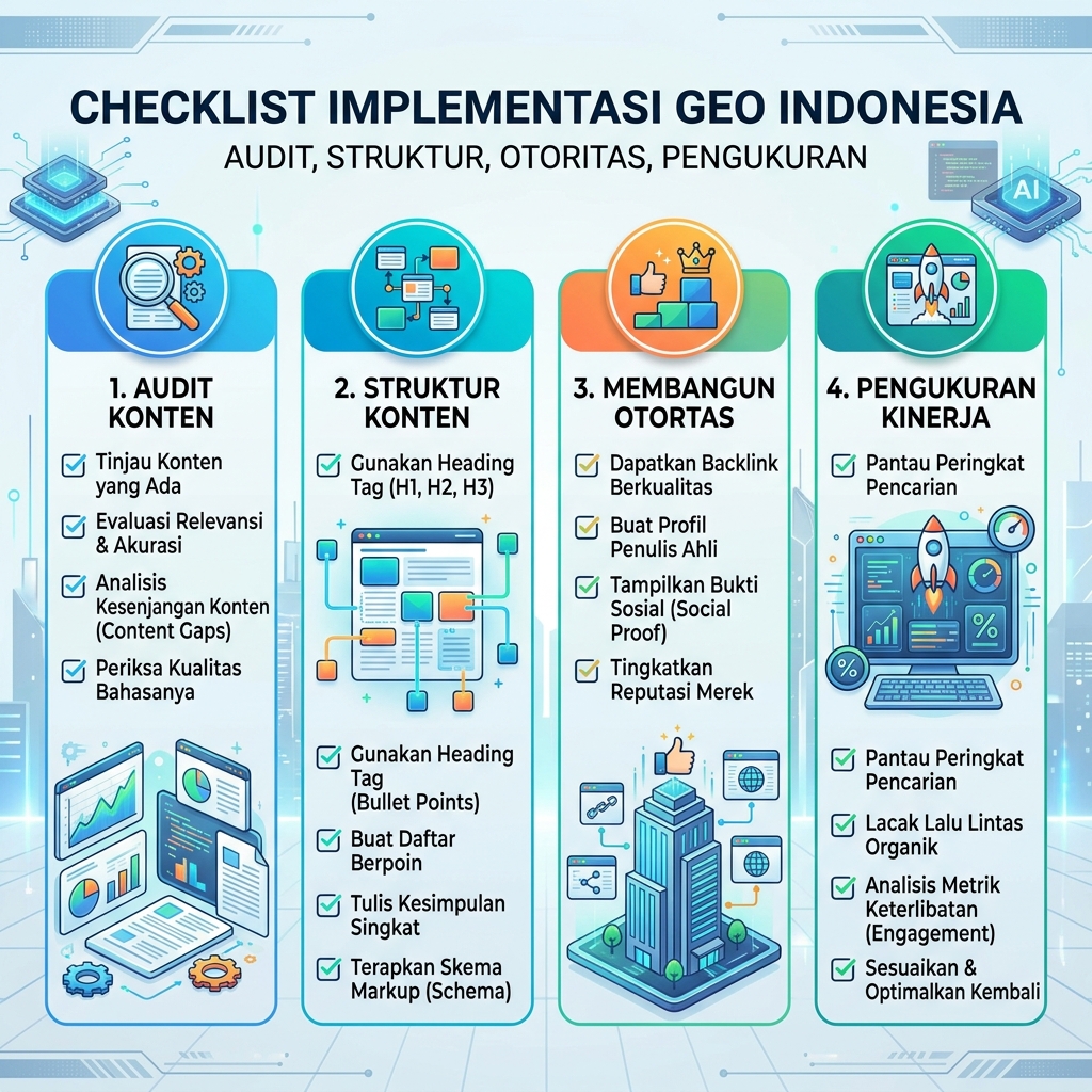 Model kesiapan GEO yang menunjukkan kejelasan entitas, kualitas sumber, bukti, konsistensi, dan aksesibilitas retrieval