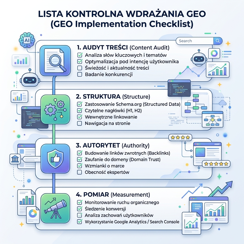 Model gotowości GEO: jasność encji, jakość źródła, dowody, spójność i dostępność pobierania