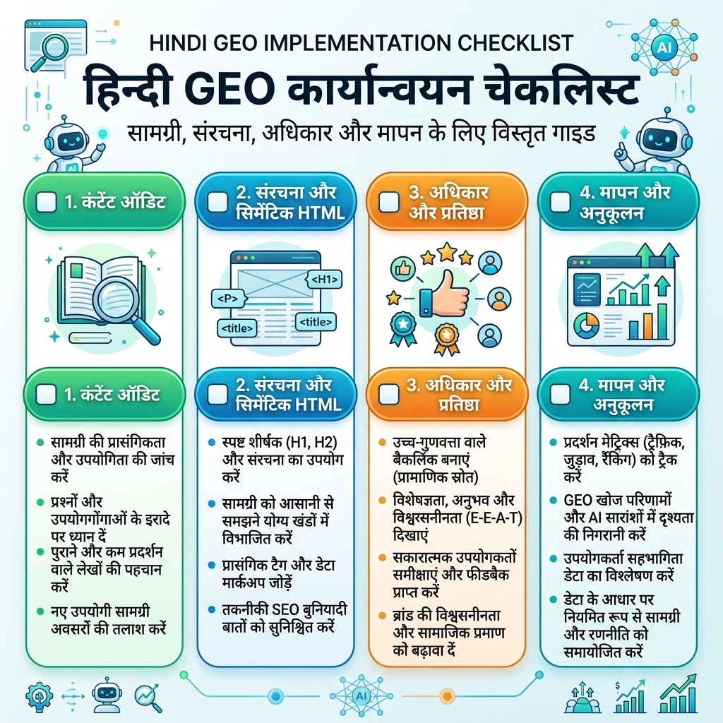 GEO तैयारी model जिसमें एंटिटी स्पष्टता, source गुणवत्ता, प्रमाण, संगति और retrieval पहुंच दिखते हैं