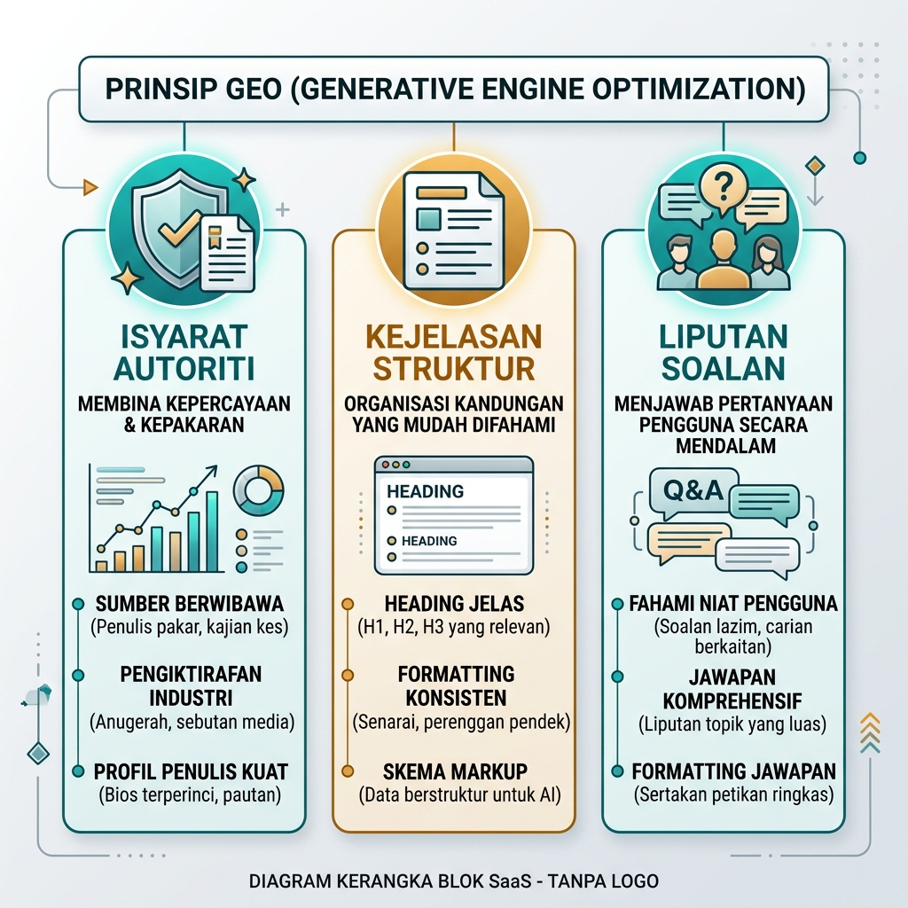 GEO dijelaskan sebagai lapisan visibilitas yang menghubungkan pengetahuan brand, sumber tepercaya, dan jawaban AI