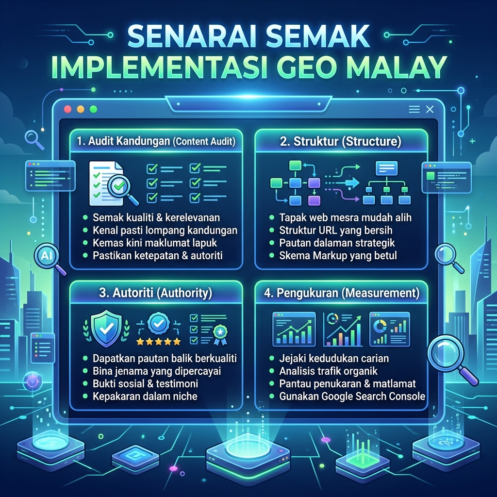 Model kesiapan GEO yang menunjukkan kejelasan entitas, kualitas sumber, bukti, konsistensi, dan aksesibilitas retrieval