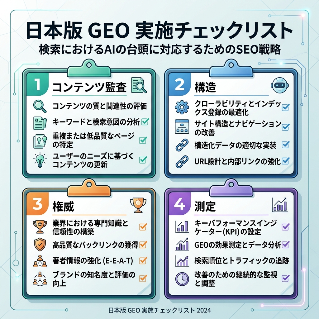 工作流 图，展示如何通过查询地图、页面基础、实体事实、证据、AI 检查和衡量来整合 GEO 与 SEO