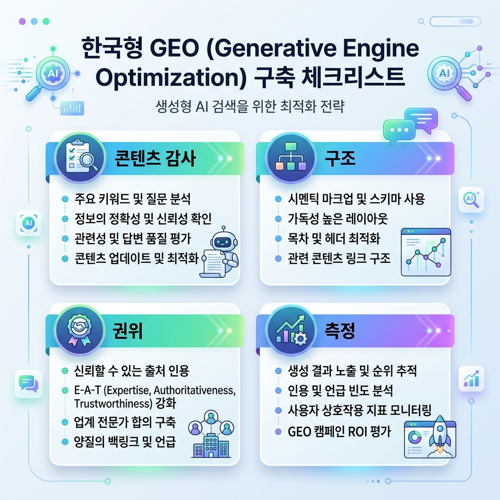 工作流 图，展示如何通过查询地图、页面基础、实体事实、证据、AI 检查和衡量来整合 GEO 与 SEO