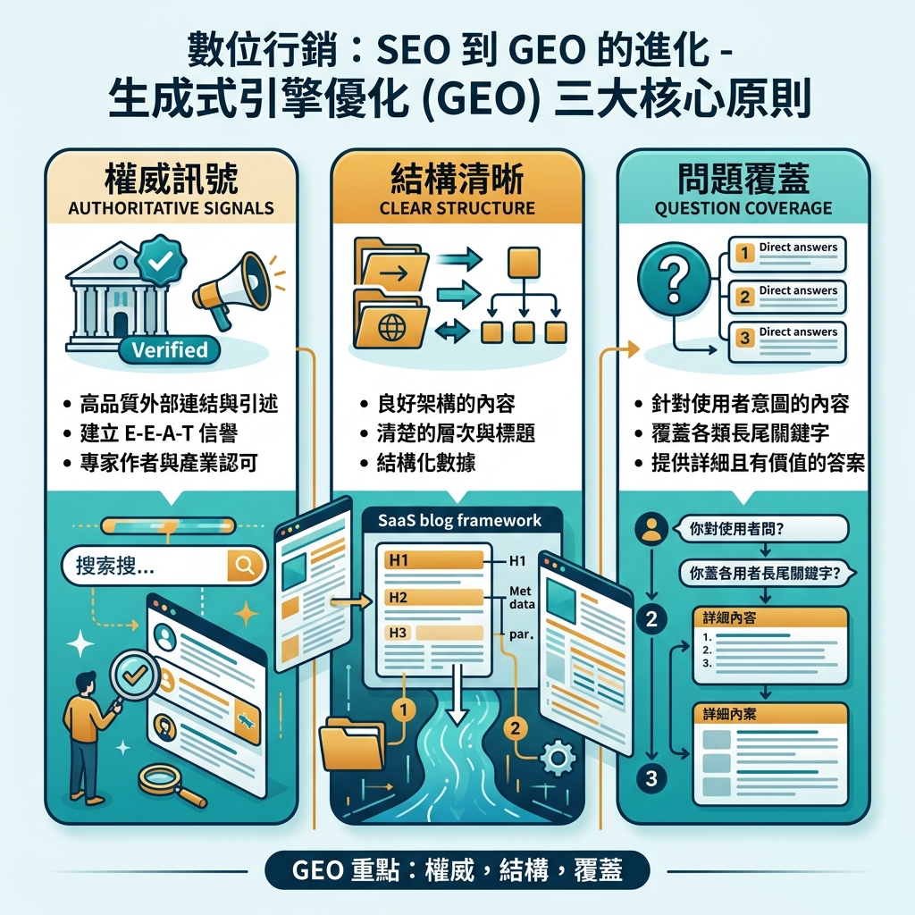SEO、AEO 和 GEO 比較图，展示每个系統獎勵的訊號