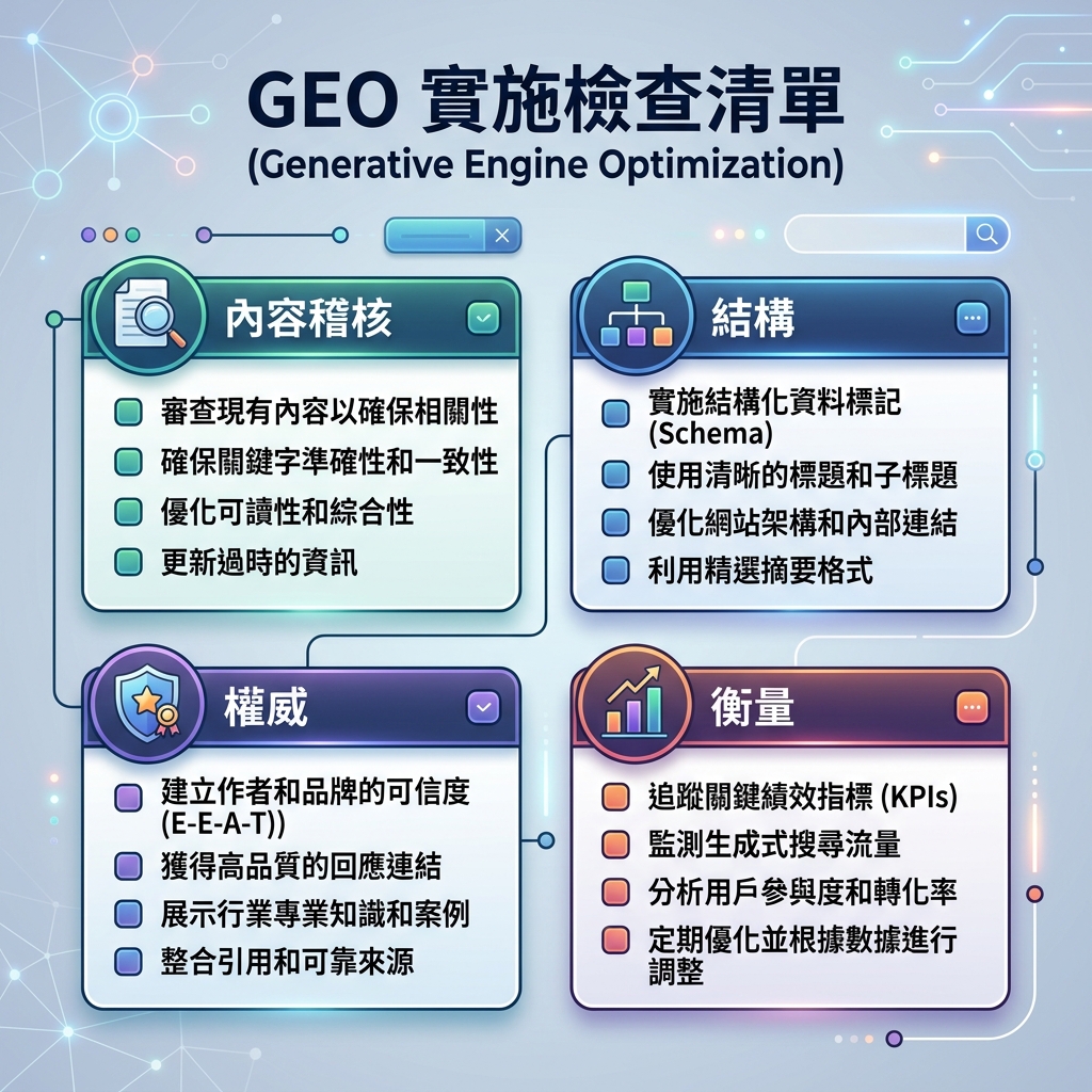 工作流 图，展示如何通过查詢地图、頁面基礎、实体事實、證據、AI 檢查和衡量来整合 GEO 与 SEO
