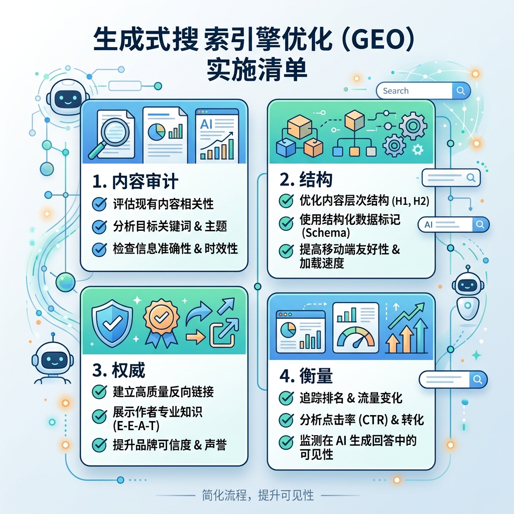 工作流 图，展示如何通过查询地图、页面基础、实体事实、证据、AI 检查和衡量来整合 GEO 与 SEO