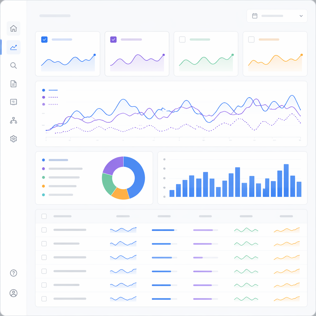 Ilustração em estilo screenshot de um painel do Google Search Console mostrando cliques, impressões, CTR e posição para supervisão SEO/GEO.
