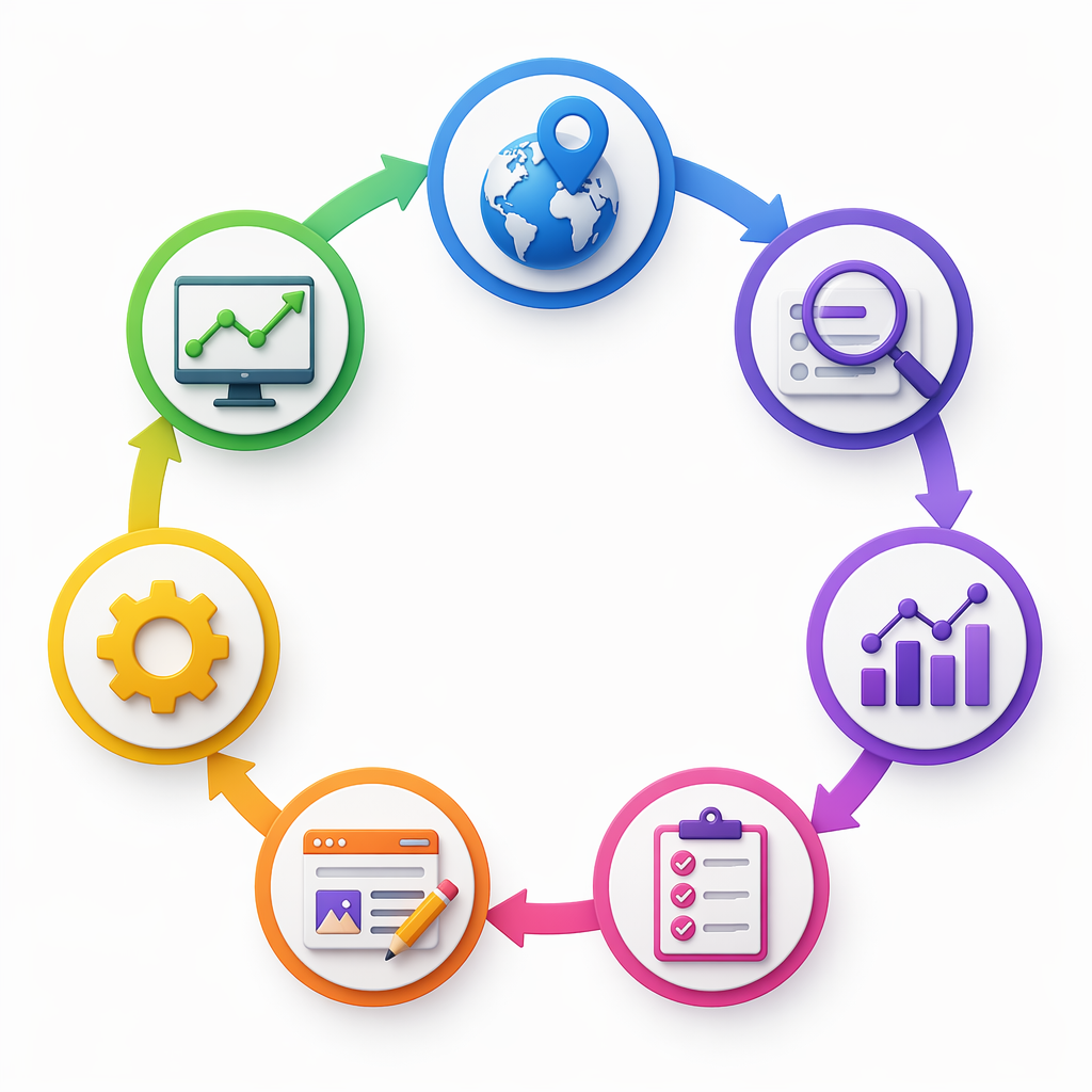 Diagrama circular de workflow mostrando um loop semanal de monitoramento SEO/GEO: exportar dados, diagnóstico do Hermes, pontuar oportunidades, aprovação humana, atualização de páginas e medição na semana seguinte.
