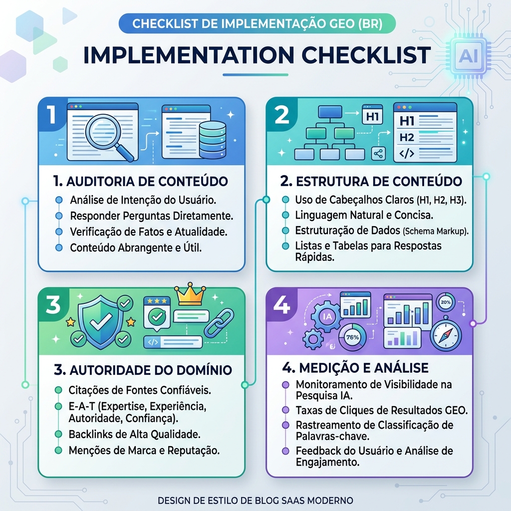 Diagrama de workflow para integrar GEO con SEO mediante mapas de consulta, fundamentos de página, hechos de entidad, evidencia, pruebas de IA y medición