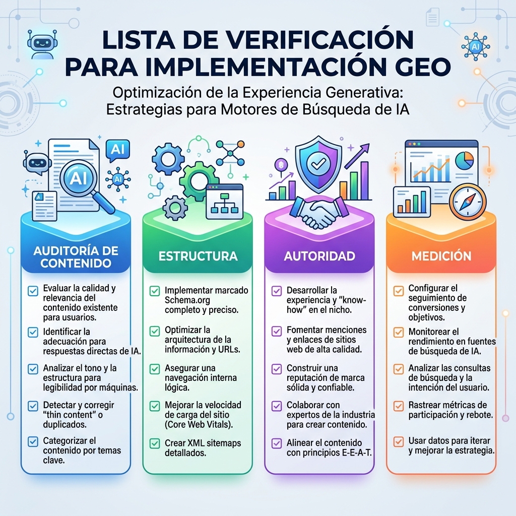 Diagrama de workflow para integrar GEO con SEO mediante mapas de consulta, fundamentos de página, hechos de entidad, evidencia, pruebas de IA y medición