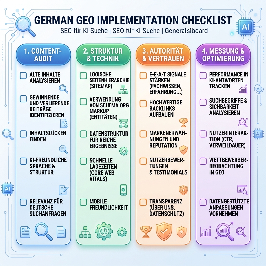 Diagrama de workflow para integrar GEO con SEO mediante mapas de consulta, fundamentos de página, hechos de entidad, evidencia, pruebas de IA y medición