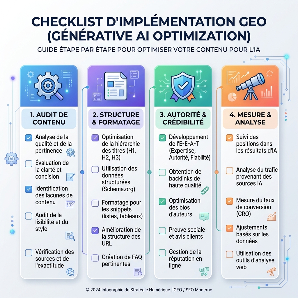 Diagrama de workflow para integrar GEO con SEO mediante mapas de consulta, fundamentos de página, hechos de entidad, evidencia, pruebas de IA y medición