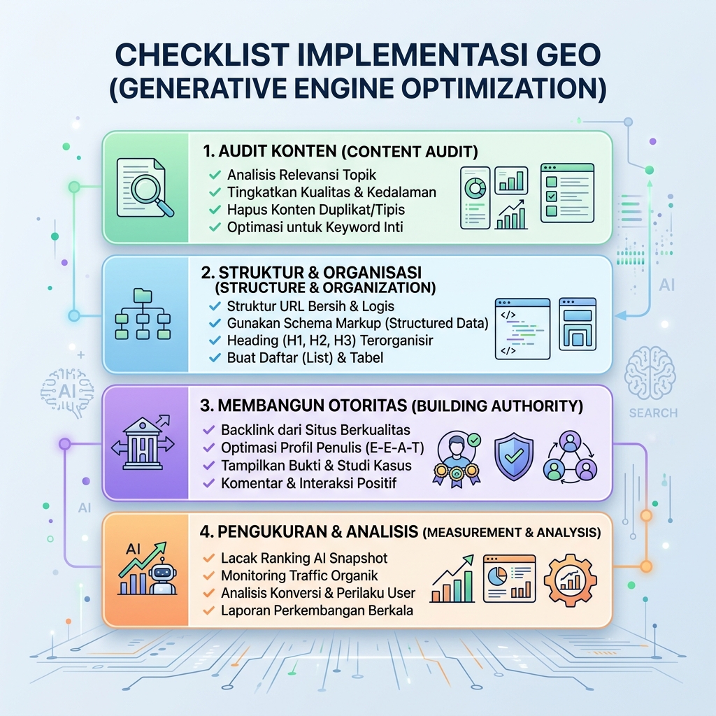 Diagrama de workflow para integrar GEO con SEO mediante mapas de consulta, fundamentos de página, hechos de entidad, evidencia, pruebas de IA y medición