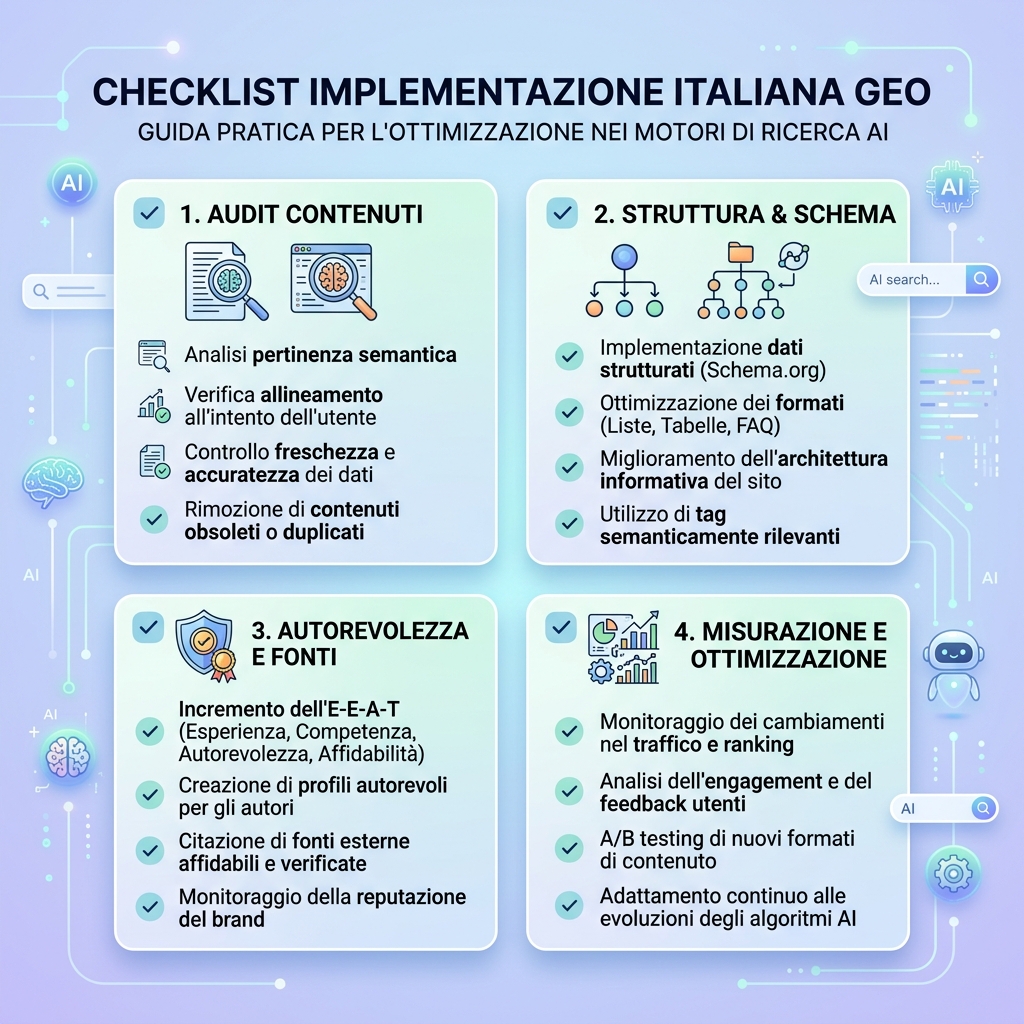 Diagrama de workflow para integrar GEO con SEO mediante mapas de consulta, fundamentos de página, hechos de entidad, evidencia, pruebas de IA y medición